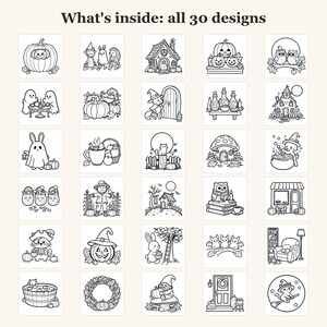 Puede incluir: Una colecci&oacute;n de 30 ilustraciones de arte lineal en blanco y negro dispuestas en una cuadr&iacute;cula, titulada What's inside: all 30 designs. Los dibujos presentan varios temas de oto&ntilde;o y Halloween, incluyendo calabazas, fantasmas, b&uacute;hos y gatos.