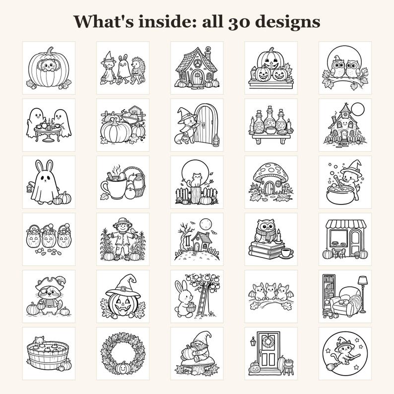 Puede incluir: Una colecci&oacute;n de 30 ilustraciones de arte lineal en blanco y negro dispuestas en una cuadr&iacute;cula, titulada What's inside: all 30 designs. Los dibujos presentan varios temas de oto&ntilde;o y Halloween, incluyendo calabazas, fantasmas, b&uacute;hos y gatos.