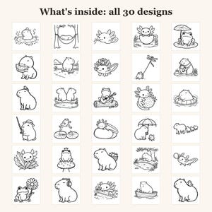 Dibujos para colorear de capibaras, 30 lindas páginas imprimibles de capibaras, ajolotes y ranas para niños y adolescentes, llamativas y fáciles (descarga en PDF) imagen 3