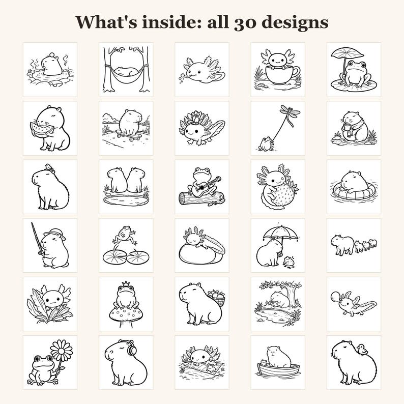 Dibujos para colorear de capibaras, 30 lindas páginas imprimibles de capibaras, ajolotes y ranas para niños y adolescentes, llamativas y fáciles (descarga en PDF) imagen 3