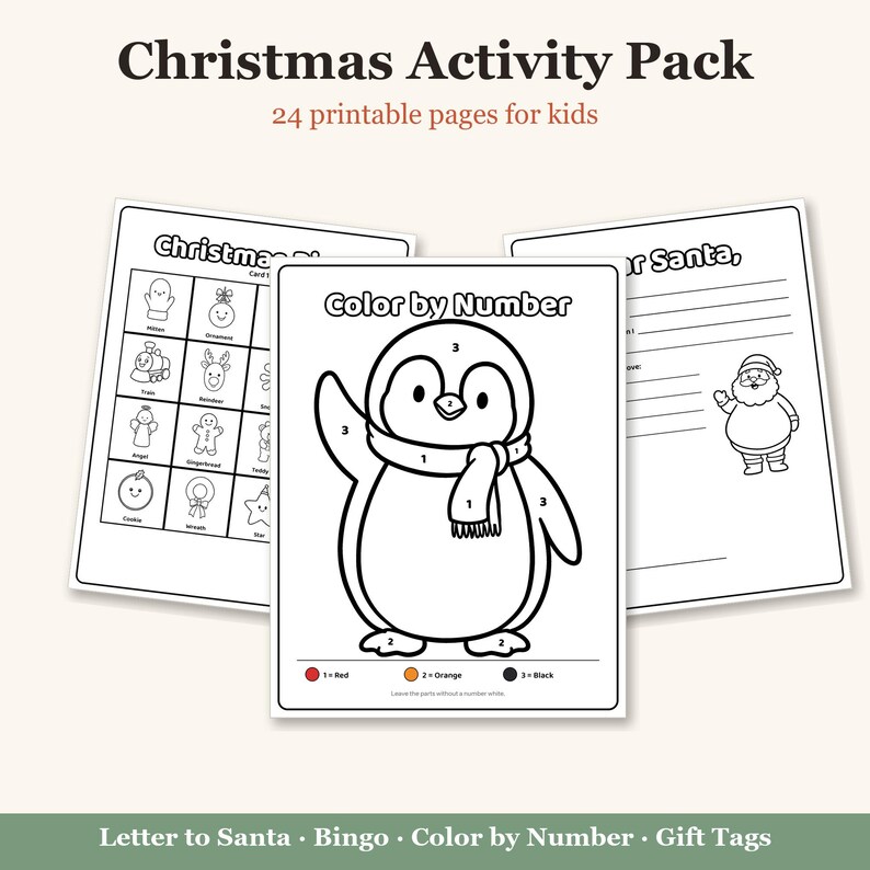 Christmas Activity Pack Kids, Christmas Activities for Kids Printable, Letter to Santa, Christmas Bingo, Color by Number, Scavenger Hunt image 1