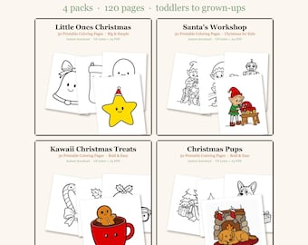 Christmas Coloring Pages Bundle, 120 Printable Pages for Toddlers, Kids, Teens and Adults, Cute Kawaii Puppy Elf (PDF Download)