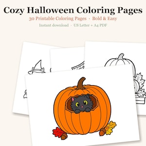 Puede incluir: P&aacute;ginas para colorear de Halloween con 30 hojas imprimibles en formatos US Letter y A4 PDF. La imagen muestra dibujos de l&iacute;neas en blanco y negro y una ilustraci&oacute;n a color de un gato negro dentro de una calabaza naranja.