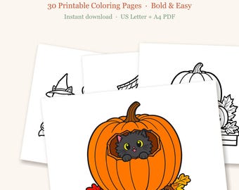 Op de afbeelding: Gezellige Halloween kleurplaten met 30 printbare kleurplaten in US Letter en A4 PDF-formaat. De afbeelding toont zwart-wit lijntekeningen en een gekleurde illustratie van een zwarte kat in een oranje pompoen.