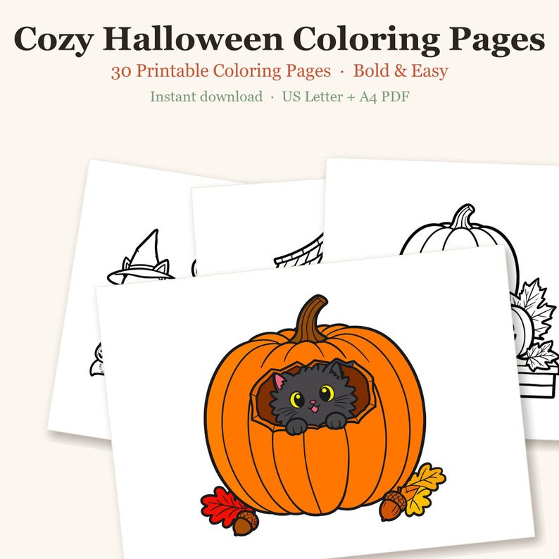 Puede incluir: P&aacute;ginas para colorear de Halloween con 30 hojas imprimibles en formatos US Letter y A4 PDF. La imagen muestra dibujos de l&iacute;neas en blanco y negro y una ilustraci&oacute;n a color de un gato negro dentro de una calabaza naranja.