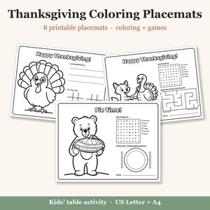 Manteles individuales de Acción de Gracias para niños, manteles individuales para colorear para niños, actividades de mesa de Acción de Gracias para niños, mantel individual para colorear imprimible (PDF) imagen 1