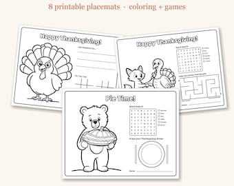 Manteles individuales de Acción de Gracias para niños, manteles individuales para colorear para niños, actividades de mesa de Acción de Gracias para niños, mantel individual para colorear imprimible (PDF)