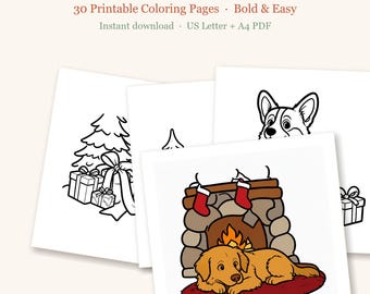 以下が含まれることがあります： 「Christmas Pups」と題された30枚の印刷可能な塗り絵セット。子犬、クリスマスツリー、ギフト、靴下が吊るされた暖炉の太くシンプルな白黒の線画で構成されており、USレターおよびA4 PDF形式で提供されています。