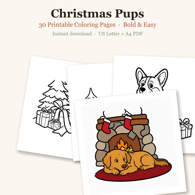 Christmas Dog Coloring Pages, 30 Bold and Easy Cute Puppy Pages for Adults and Teens, Printable (PDF Download) image 1