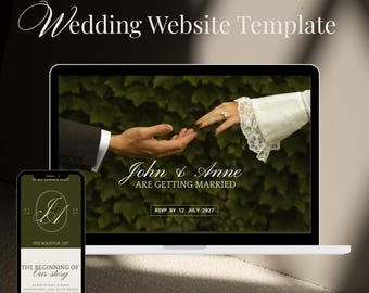 Modelo de site de casamento elegante em tons neutros de verde | Convite personalizável no Canva (Download digital)