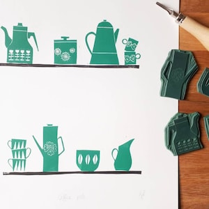 Kaffee-Töpfe Linolschnitt Druck