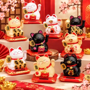 May include: A collection of solar-powered beckoning cat and pig figurines in white, black, and cream colors. Each figure features a raised paw, gold-colored coin accents with Chinese characters, and a red base. The figures display smiling expressions.