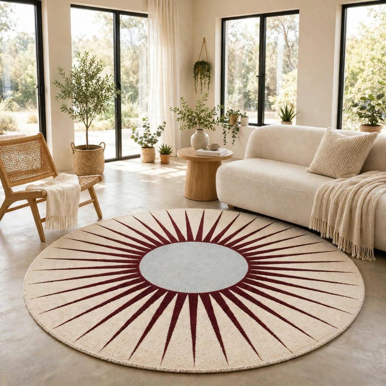 Round Sunburst Area Rug, Ivory Burgundy Wool Look Carpet, Modern Boho ...