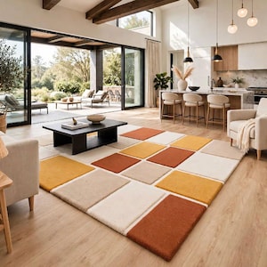 Modern geometrisch patchwork vloerkleed, veelkleurig wollen tapijt, roestbruin mosterdcrème dambordkleed, eigentijdse vloerdecoratie voor de woonkamer