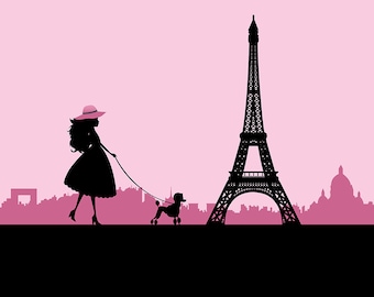Puede incluir: Silueta de una mujer con un sombrero y un vestido rosas paseando a un caniche frente a la Torre Eiffel en París, Francia.