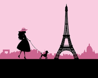 Printable Pink Paris Girl with Poodle Backdrop - Digital File Only INSTANT DOWNLOAD - You Print