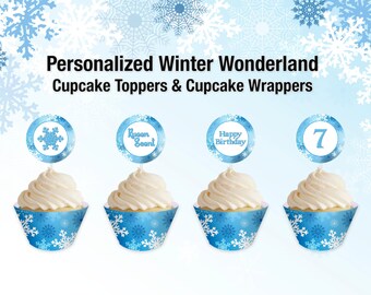 Winter Wonderland Cupcake Toppers and Wrapper - Personalized - Digital File Only - YOU PRINT