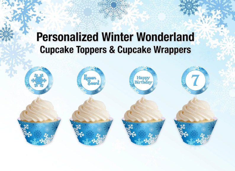 Winter Wonderland Cupcake Toppers and Wrapper Personalized Digital File Only YOU PRINT image 1