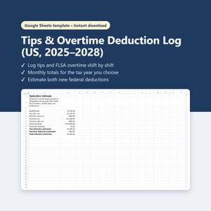 Op de afbeelding: Een Google Sheets-sjabloon getiteld Tips & Overtime Deduction Log (US, 2025–2028) met een spreadsheet-interface voor het bijhouden van fooien, FLSA-overuren en federale inhoudingen met kolommen voor gegevensinvoer.