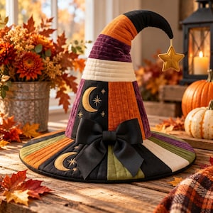Patchwork Heksenhoed Naaipatroon PDF, Gequilte Halloween Decoratie Hoed, Gekrulde Punt, Strik, Vilten Maan & Ster, A4 Letter A0 Projector