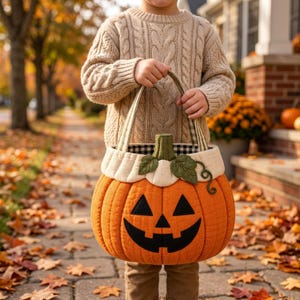 Pode incluir: Uma cesta de tecido acolchoado em forma de abóbora com um rosto de jack-o'-lantern em feltro preto, um caule de tecido verde com folhas e uma alça listrada. A cesta tem uma borda superior creme e um forro interno xadrez preto e branco.