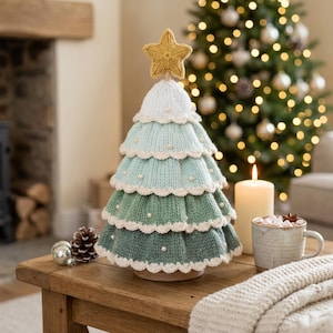 Knitted Christmas Tree Knitting Pattern PDF, Pearl Ombre Tiered Tree, Scalloped Edges, Gold Star, Holiday Decor, 11 Languages