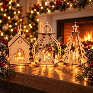 Puede incluir: Tres adornos navideños de madera iluminados que representan una iglesia, una estructura con cúpula y un árbol de Navidad. Cada pieza está hecha de madera clara con recortes intrincados e iluminación interna cálida.