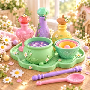 May include: A set of pastel-colored toy potion bottles, a green cauldron filled with purple glitter, nested bowls, a purple wand, and a pink spoon on a green tray. The items feature floral accents, a crescent moon, and star motifs.