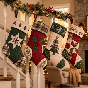 Quilted Christmas Stocking Sewing Pattern PDF, 4 Applique Designs, Star Holly Tree Patchwork Stocking, A4 Letter A0 Projector