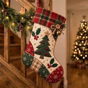 Patchwork Christmas Stocking Sewing Pattern PDF, Quilted Stocking with Appliqué Tree and Plaid Cuff, A4 Letter A0 Projector