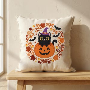 Molde Almofada Gato Preto na Abóbora PDF, Patchwork Halloween, Aplicação Termocolante, Gato Bruxa, Jack-o-Lantern, 16 18 20 in