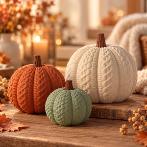 Puede incluir: Tres calabazas decorativas en naranja, verde salvia y crema, cada una con un patrón de tejido de punto trenzado y un tallo marrón similar a la madera. Las calabazas están dispuestas juntas, mostrando sus formas redondeadas y textura.