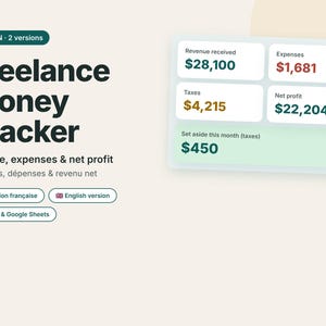Peut inclure: Un modèle de suivi financier Freelance Money Tracker pour Excel et Google Sheets. L'interface affiche des données financières : Revenue received 28 100 $, Expenses 1 681 $, Taxes 4 215 $, Net profit 22 204 $ et Set aside this month (taxes) 450 $.