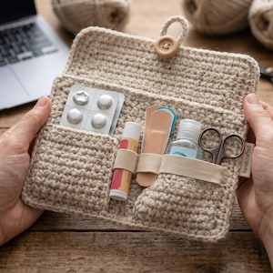 Puede incluir: Un estuche organizador de ganchillo en color beige con cierre de botón, un bolsillo para un blíster y una banda elástica que sujeta un bálsamo labial, tiritas, un frasco pequeño transparente y unas tijeras de metal. Una etiqueta dice handcrafted.