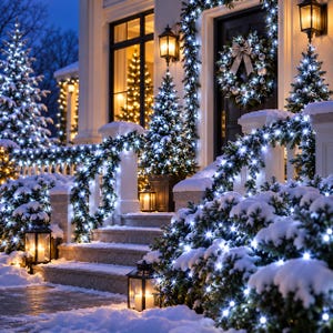 May include: A house exterior decorated for the holidays with snow-covered steps, evergreen trees, and garlands illuminated by bright white string lights. A wreath with a silver bow hangs on the dark front door, flanked by black lanterns.
