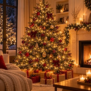 Pode incluir: Uma grande árvore de Natal decorada com luzes brancas quentes, enfeites vermelhos e dourados e laços de veludo vermelho escuro. Várias caixas de presente embrulhadas com fitas vermelhas estão colocadas na base da árvore na sala.