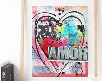 Amor Mixed Media Art | Pink Collage Artwork | Contemporary Abstract | Small Collage on Canvas Board | Unique Wall Artwork | Love Romance