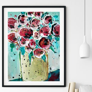 Red Flowers Original Painting on Paper 11x14, Floral Bouquet Modern Graphic Art. Red and Blue Wall Art, Botanical Decor by V. Godbout image 1