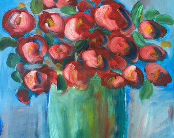 Colorful Flowers Original Painting on Paper 18x24, Floral Still Life Modern Graphic Art Decor. Pink & Blue Wall Art, Loose style V. Godbout