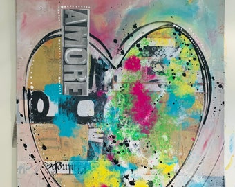 Italian Love Abstract Mixed Media| Amore Collage Artwork | Contemporary Art | Colorful Collage on Canvas Board | Wall Artwork | Love Romance