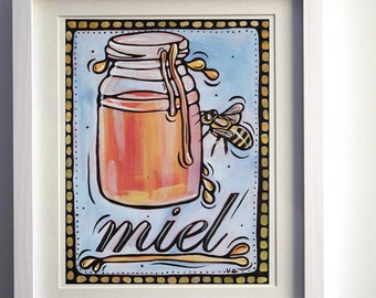 Miel Honey Bee Original Painting, Canvas Panel 7x9, Kitchen Whimsical Modern Graphic Art. French Wall Art, Fun Colorful Decor by V. Godbout