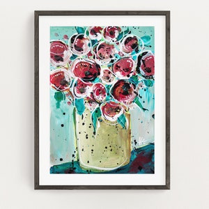 Red Flowers Original Painting on Paper 11x14, Floral Bouquet Modern Graphic Art. Red and Blue Wall Art, Botanical Decor by V. Godbout image 3