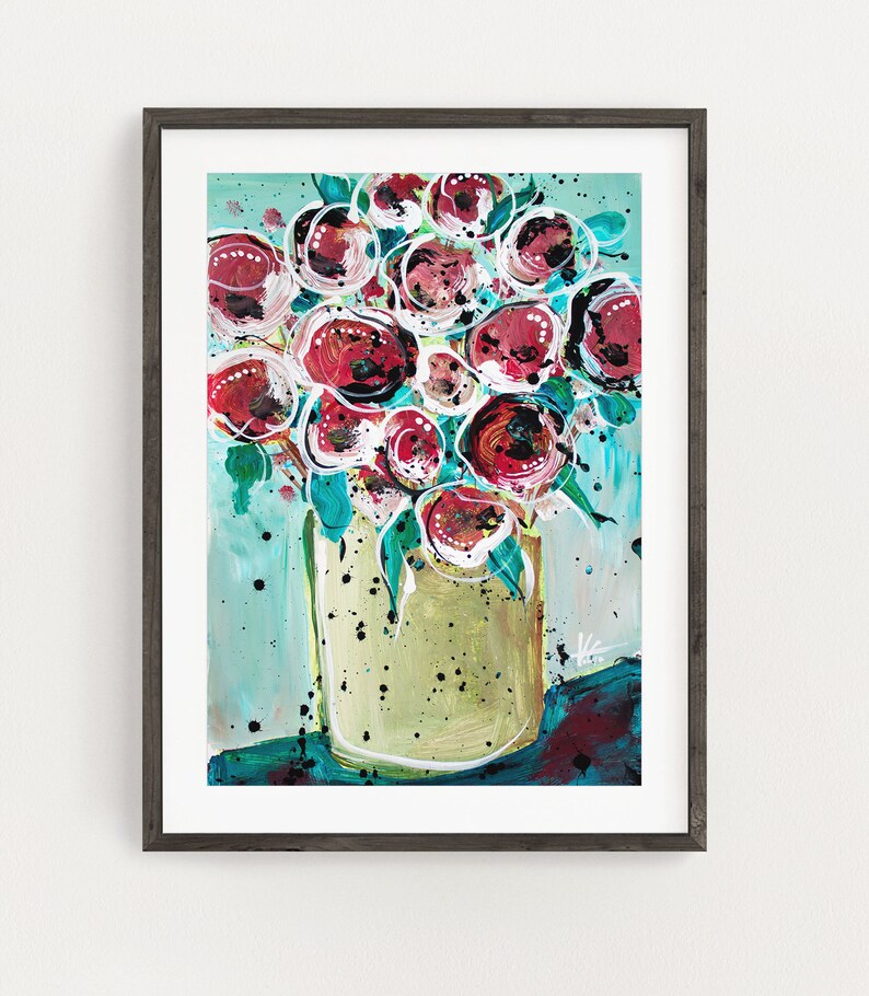 Red Flowers Original Painting on Paper 11x14, Floral Bouquet Modern Graphic Art. Red and Blue Wall Art, Botanical Decor by V. Godbout image 3