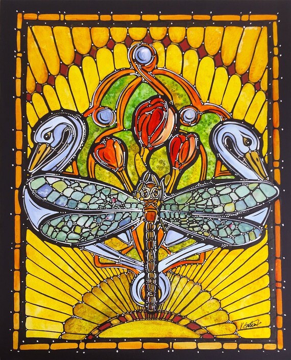 Art Nouveau Print Dragonfly And Swans Stained Glass Style Print Of Original Painting Veronique Godbout Artist 13x19 Art Deco Art Nouveau Print Dragonfly And Swans Stained Glass Style Print Of Original Painting Veronique Godbout Artist 13x19 Art Deco