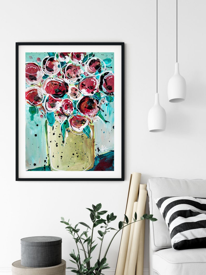 Red Flowers Original Painting on Paper 11x14, Floral Bouquet Modern Graphic Art. Red and Blue Wall Art, Botanical Decor by V. Godbout image 1