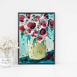 Red Flowers Original Painting on Paper 11x14, Floral Bouquet Modern Graphic Art. Red and Blue Wall Art, Botanical Decor by V. Godbout image 6