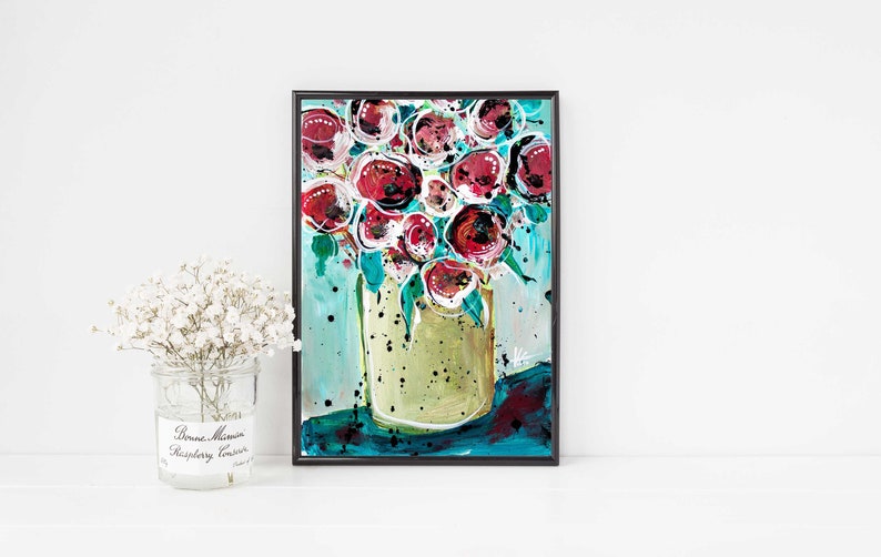 Red Flowers Original Painting on Paper 11x14, Floral Bouquet Modern Graphic Art. Red and Blue Wall Art, Botanical Decor by V. Godbout image 6