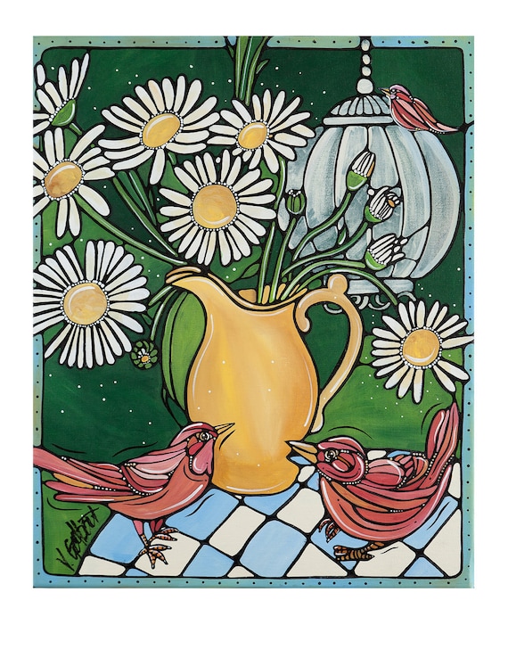 Kichen Art Print Daisies And Red Birds Daisy Room Decor Green And White Original Fine Art Print White Daisy Flower With Red Birds