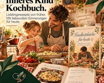 Könnte beinhalten: Ein Kochbuch mit dem Titel Kindheitsküche für heute, das auf dem Cover ein Kind und einen Erwachsenen beim gemeinsamen Kochen zeigt. Das aufgeschlagene Buch zeigt ein Rezept für Omas Käsespätzle und den Bereich Meine Erinnerungen.
