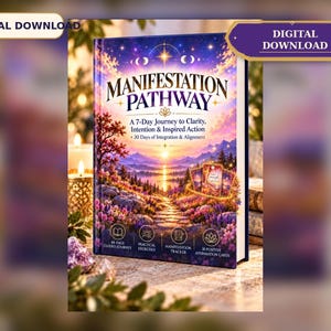 May include: A book titled Manifestation Pathway: A 7-Day Journey to Clarity, Intention & Inspired Action + 30 Days of Integration & Alignment. The cover features a sunset landscape with a stone path, flowers, and mountains.